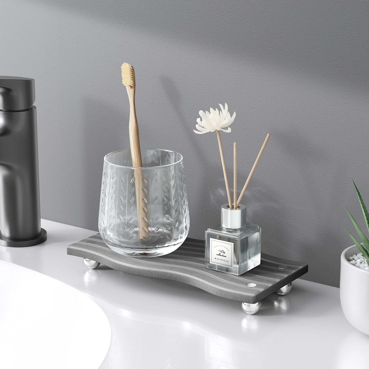 Water Absorbing Stone Tray for Sink, Diatomite Drying Stone for Kitchen Bathroom Counter, Decorative Raised-Feet Vanity Tray, Sink Caddy Organizer for Dish Soap & Sponge Holder [Dark Grey, 9'' X 4'']