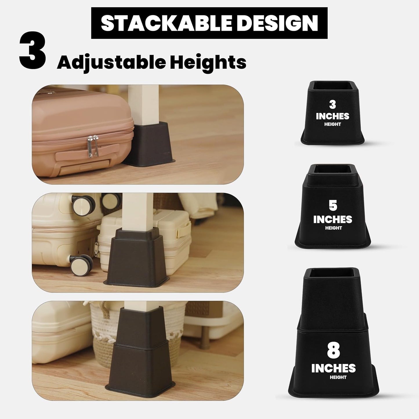 - Adjustable Bed Risers 3, 5, 8 Inch – Heavy Duty Furniture Riser Set of 4 for Beds, Couch & Desk – under Bed Storage & Dorm Room Essential – Supports up to 1,300 Lbs – Black