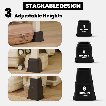 - Adjustable Bed Risers 3, 5, 8 Inch – Heavy Duty Furniture Riser Set of 4 for Beds, Couch & Desk – under Bed Storage & Dorm Room Essential – Supports up to 1,300 Lbs – Black