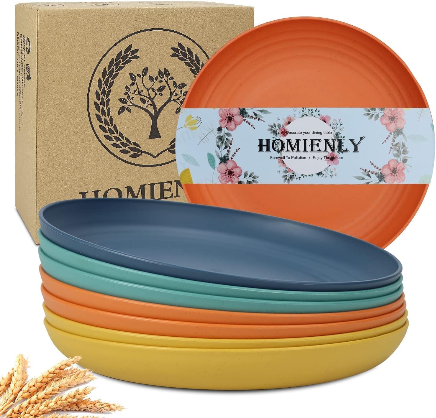Set of 8 Deep Wheat Straw Dinner Plates - Unbreakable, Microwave and Dishwasher Safe, 9 Inch, Available in 4 Classic Bright Colors