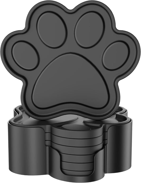 Silicone Coasters 6 Pack Paw Cup Mat with Holder, Dog Cat Paw Shape, for Hot or Cold Drink, Non-Slip, Non-Stick, Room Decor, Housewarming Black