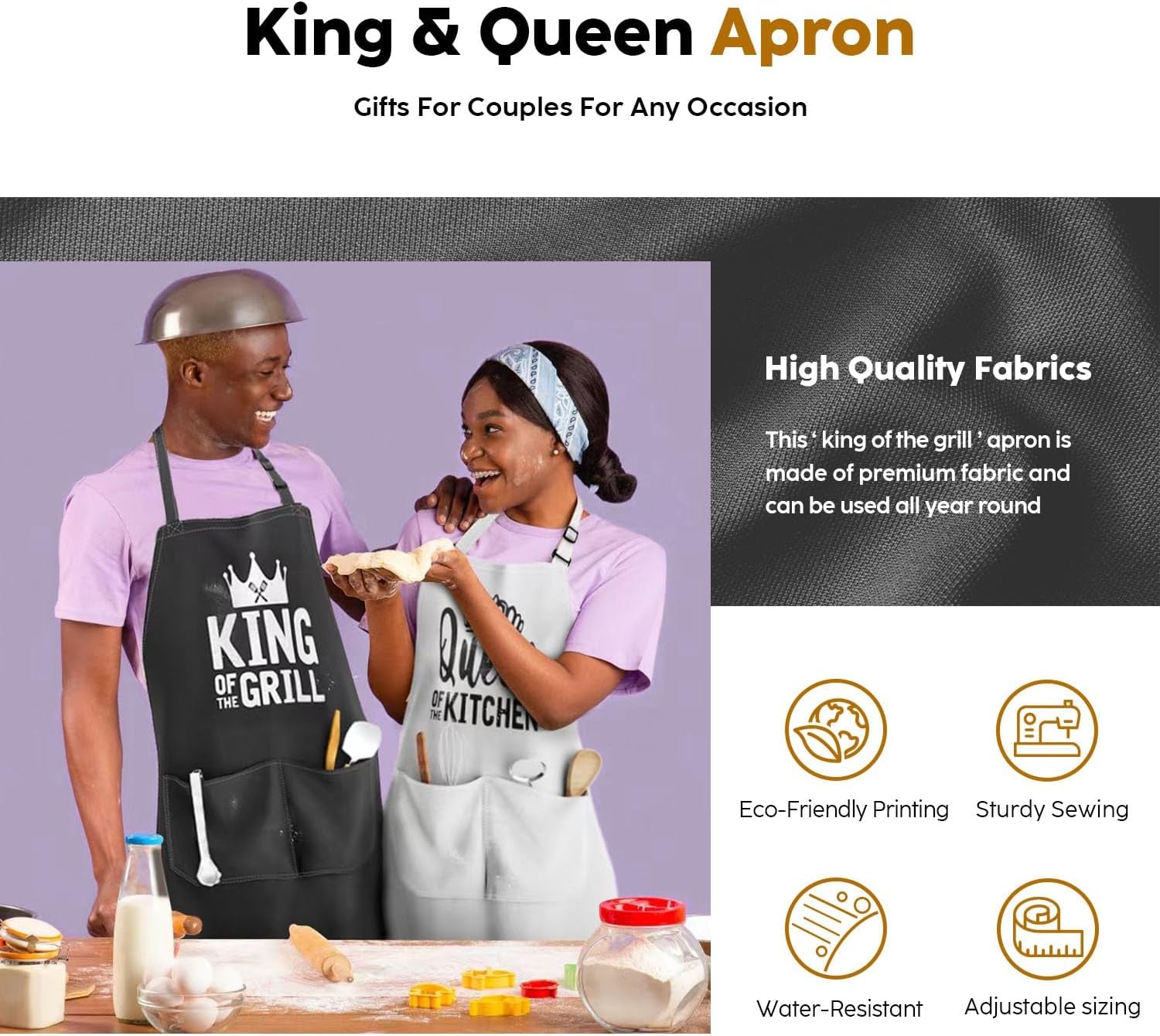 King & Queen Apron Set - Wedding Engagement Gifts for Couples, Funny Kitchen Gifts for Couples, Husband, Wife, Boyfriend, Girlfriend, Him Her, Bridal Shower Gifts, Unique Valentine'S Day Gifts Ideas