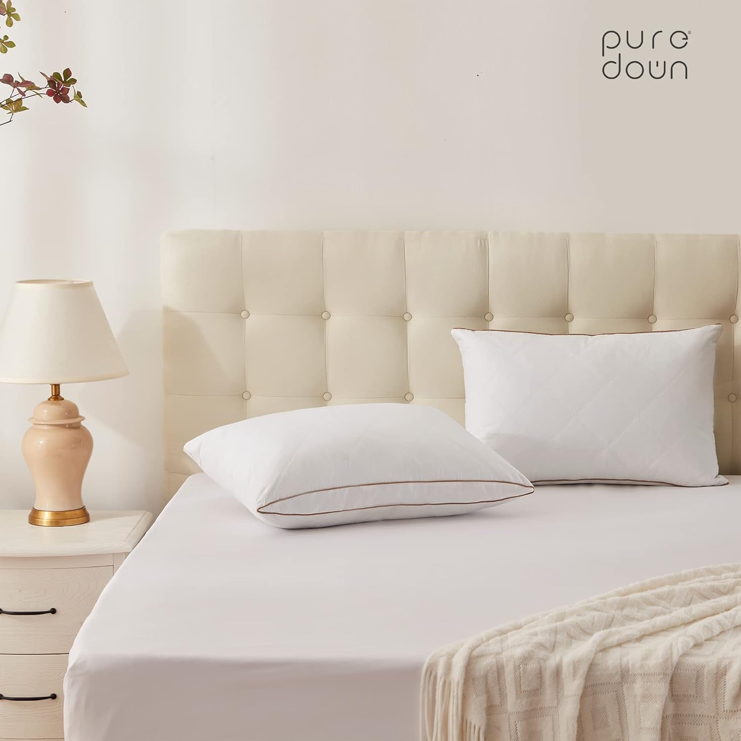 ® Natural Goose down Feather Pillows for Sleeping Oval Gusseted Feather down Pillow 100% Cotton Pillow Cover with Leaf Quilting King Set of 2