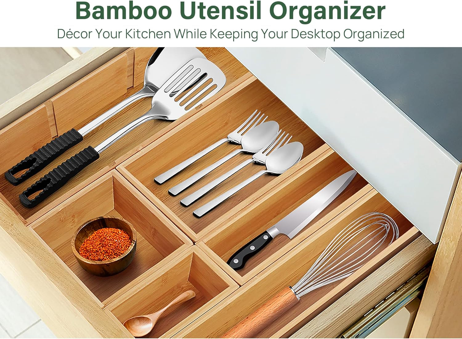 Bamboo Drawer Organizer with Removable Dividers, 6 Pcs Adjustable Kitchen Drawer Organizer Utensils Bamboo Organizers Silverware Storage Box Cutlery Tray Multi-Use for Bathroom, Makeup, Office