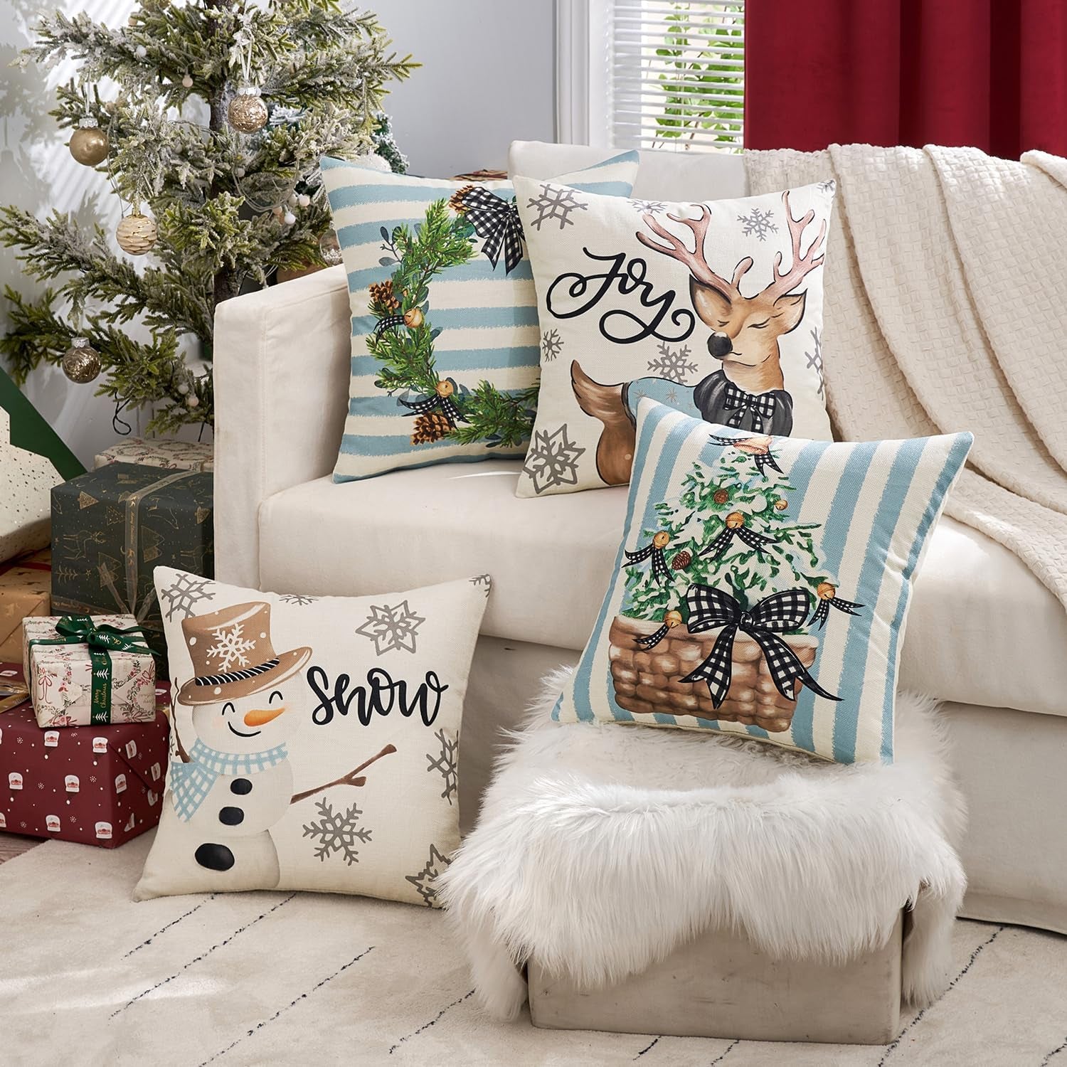 Set of 4 Holiday Blue Decorative Pillow Covers 16X16 Inch Snowman Elk Merry Christmas Throw Pillow Cases Winter Seasonal Cushion Cases Home Decors for Sofa Couch Bedroom