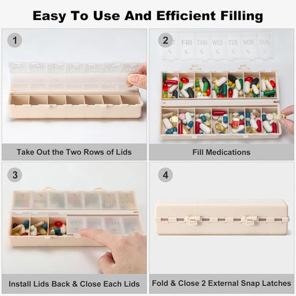 Foldable Pill Organizer 2 Times a Day W/Etched Labels -Dual Protection & Portable Weekly AM PM Pill Box, 7 Day Medicine Container, Large Travel Pill Case for Week Daily Supplement Vitamin - Khaki