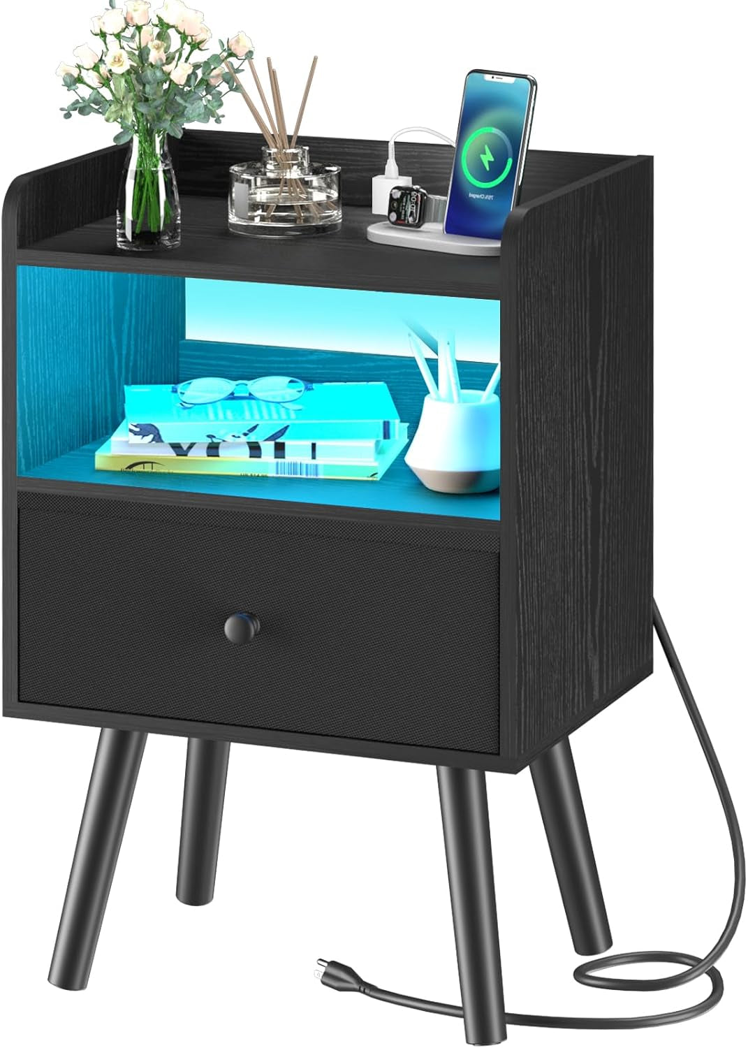 Nightstand with Charging Station, Modern Night Stand with LED Lights, Wood Nightstands with Fabric Drawer & Storage Shelf, Night Stands Bedside Table with USB Ports for Bedroom, Office, Home