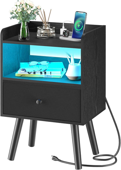 Nightstand with Charging Station, Modern Night Stand with LED Lights, Wood Nightstands with Fabric Drawer & Storage Shelf, Night Stands Bedside Table with USB Ports for Bedroom, Office, Home