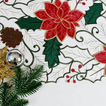 Christmas Table Runner, Embroidered Red Poinsettia Short Table Runner 36 Inches, White Textured Fabric Runner with Applique Velvet Flower for Dining Table, Holiday Table Decoration