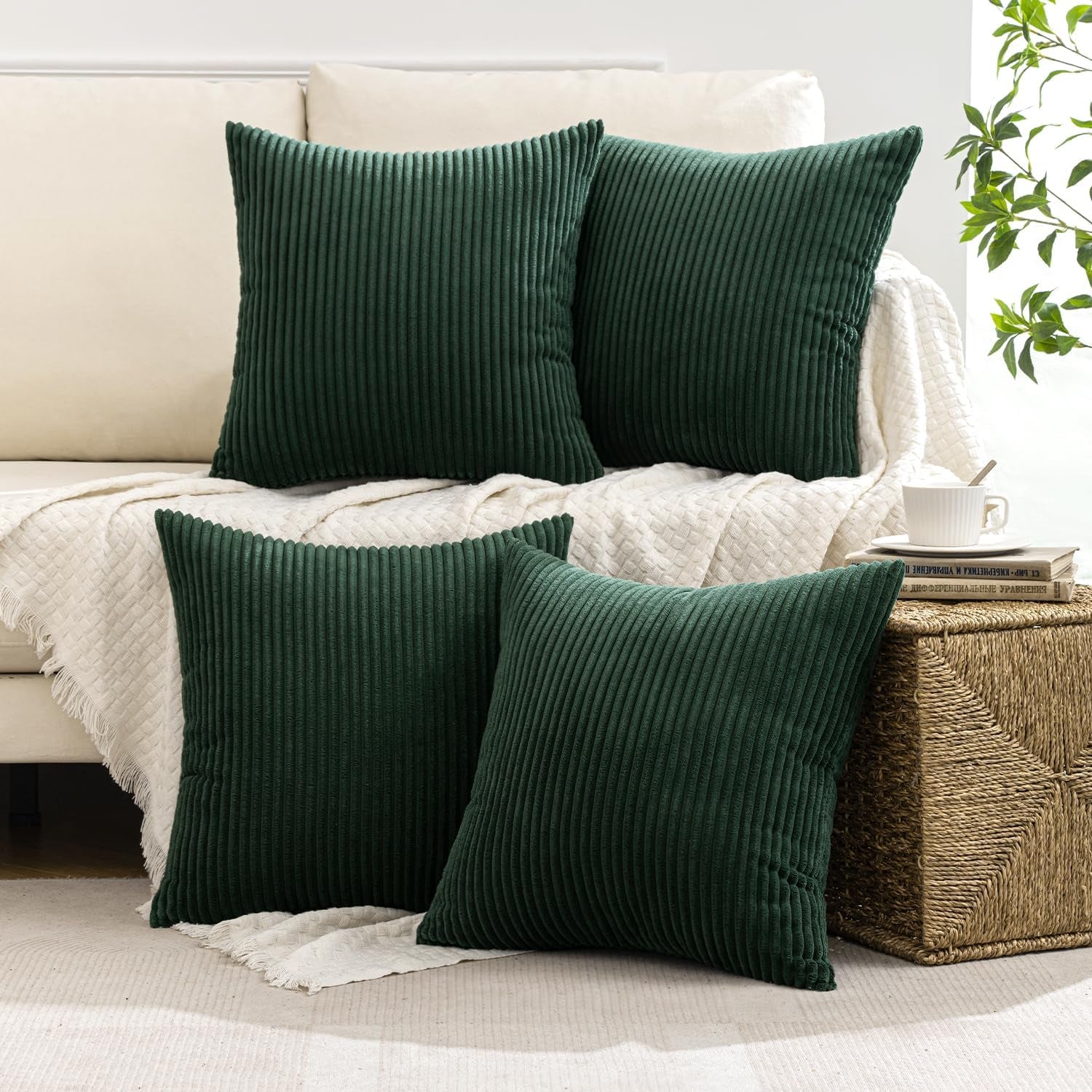 Boho Farmhouse Throw Pillow Covers 18X18 Inch Set of 4 Mordern Nordic Cushion Covers Soft Corduroy Christmas Home Decor for Couch Bed Sofa Living Room Army Green