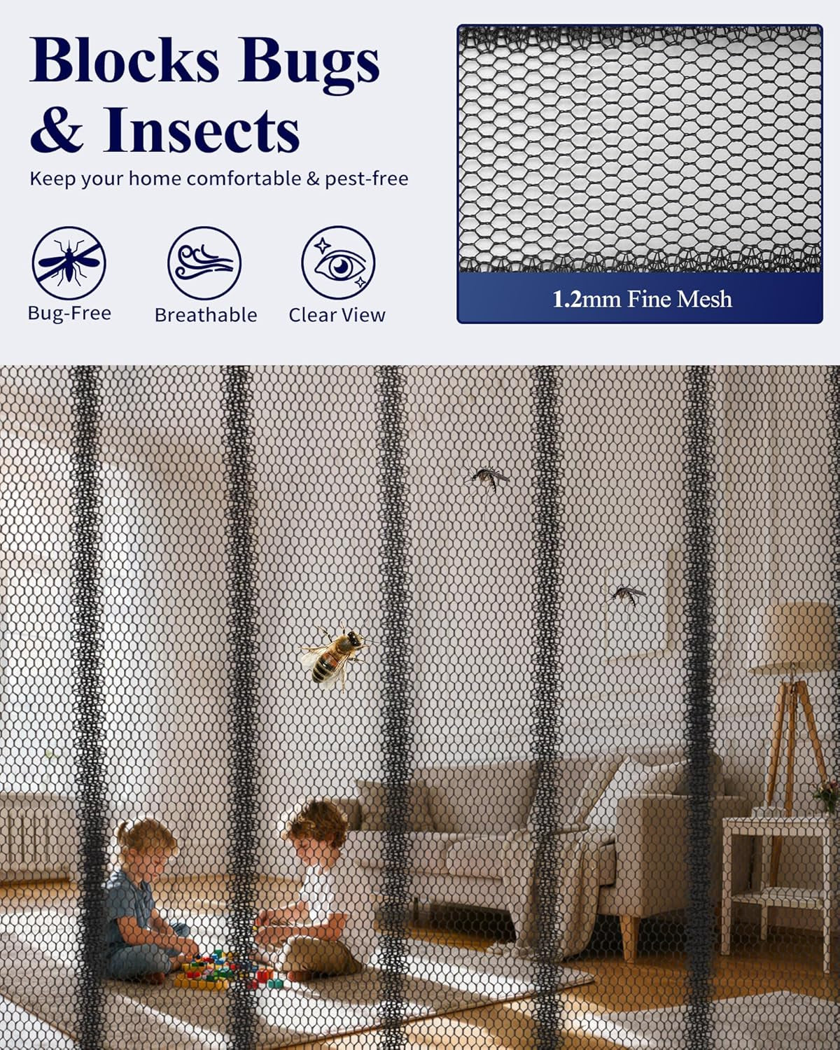 Magnetic Screen Door - 38.0 X 82.0'' Retractable Screen Door Mesh for Front Door or Sliding Door, Pet & Kid Friendly, Hands-Free Closure Keeps Bugs Out & Lets Breeze In, Stripe Black