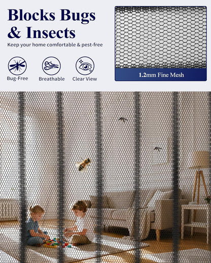 Magnetic Screen Door - 38.0 X 82.0'' Retractable Screen Door Mesh for Front Door or Sliding Door, Pet & Kid Friendly, Hands-Free Closure Keeps Bugs Out & Lets Breeze In, Stripe Black