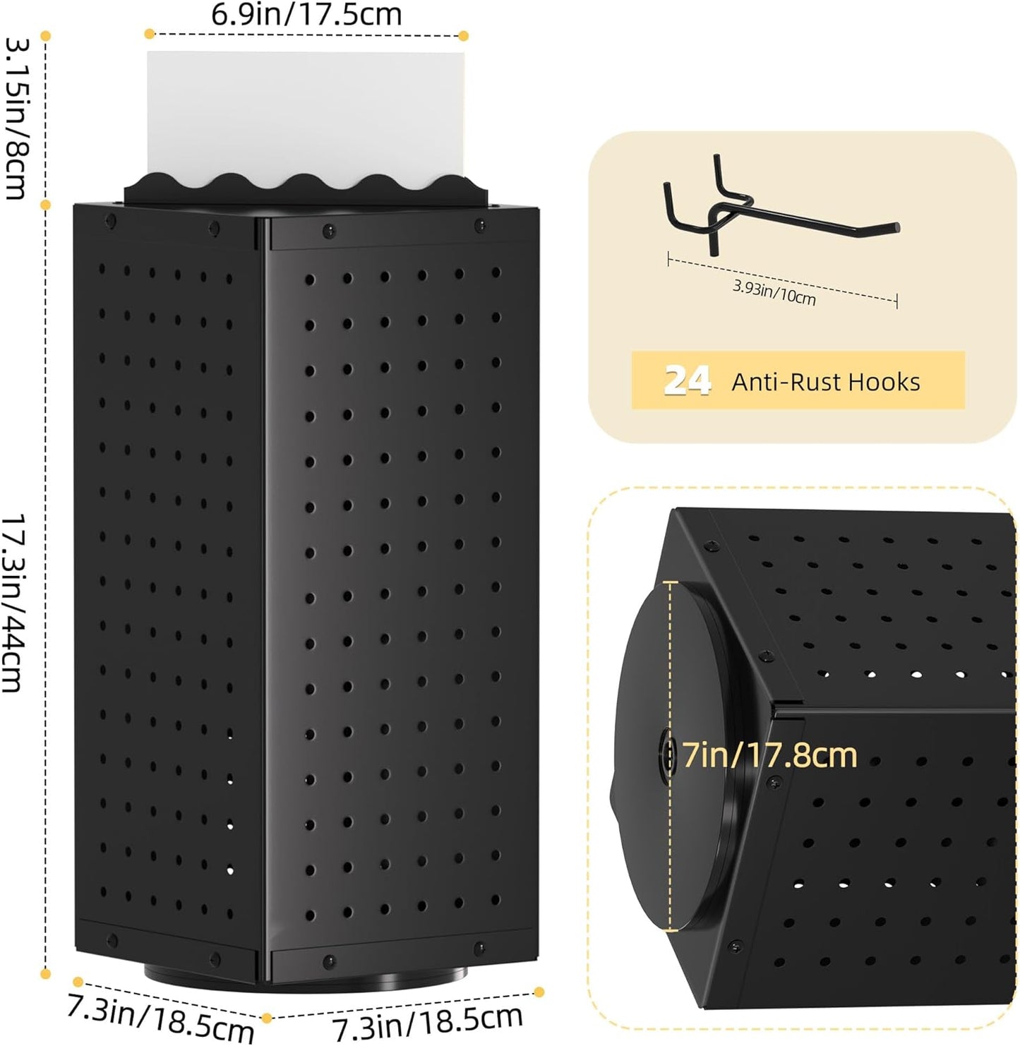 Metal Spinning Peg Board Display Stand with Removable Hooks – Earring Display Stands, Jewelry Display for Vendors Black