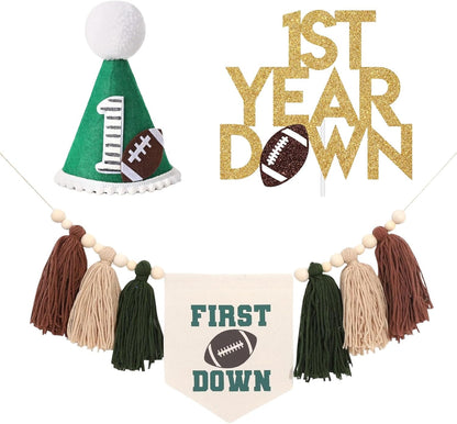 First Year down Birthday Party Decorations Football Theme Set, 1St Birthday Football Candle, High Chair Banner, Cake Topper, Hat for Baby'S First Birthday, First down Football Party Supplies