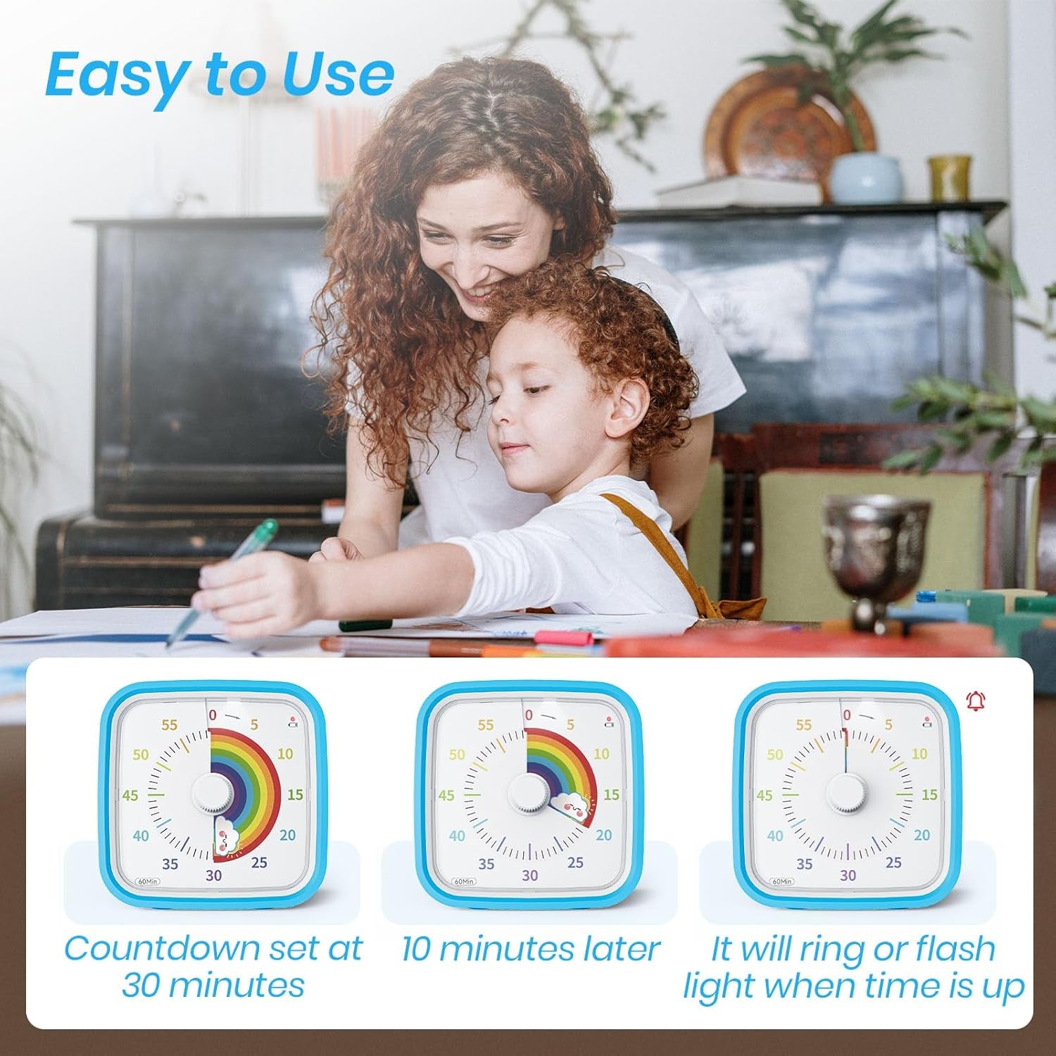 Visual Timer with Protective Case, Rainbow Disk 60 Minute Countdown Timer for Kids and Adults, Silent Time Management Tool(Blue Rainbow)
