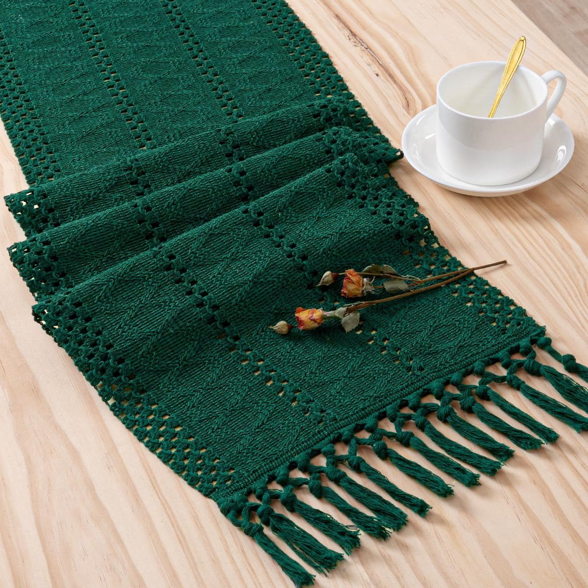 Macrame Table Runner 12 X 36 Inches Boho Farmhouse Table Runner with Tassels Cotton Linen Woven Table Runner for Spring Dining Table Home Decor, Emerald Green
