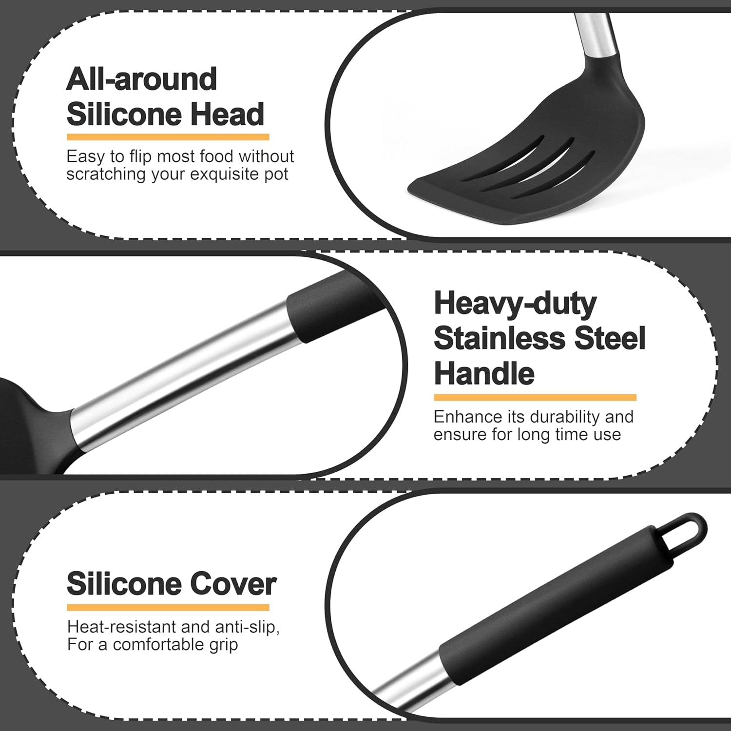 Black Kitchen Cooking Utensil Set of 4, Silicone Solid Spatulas Slotted Spoons Turners for Non-Stick Cookware Flipping Mixing, Heat-Proof