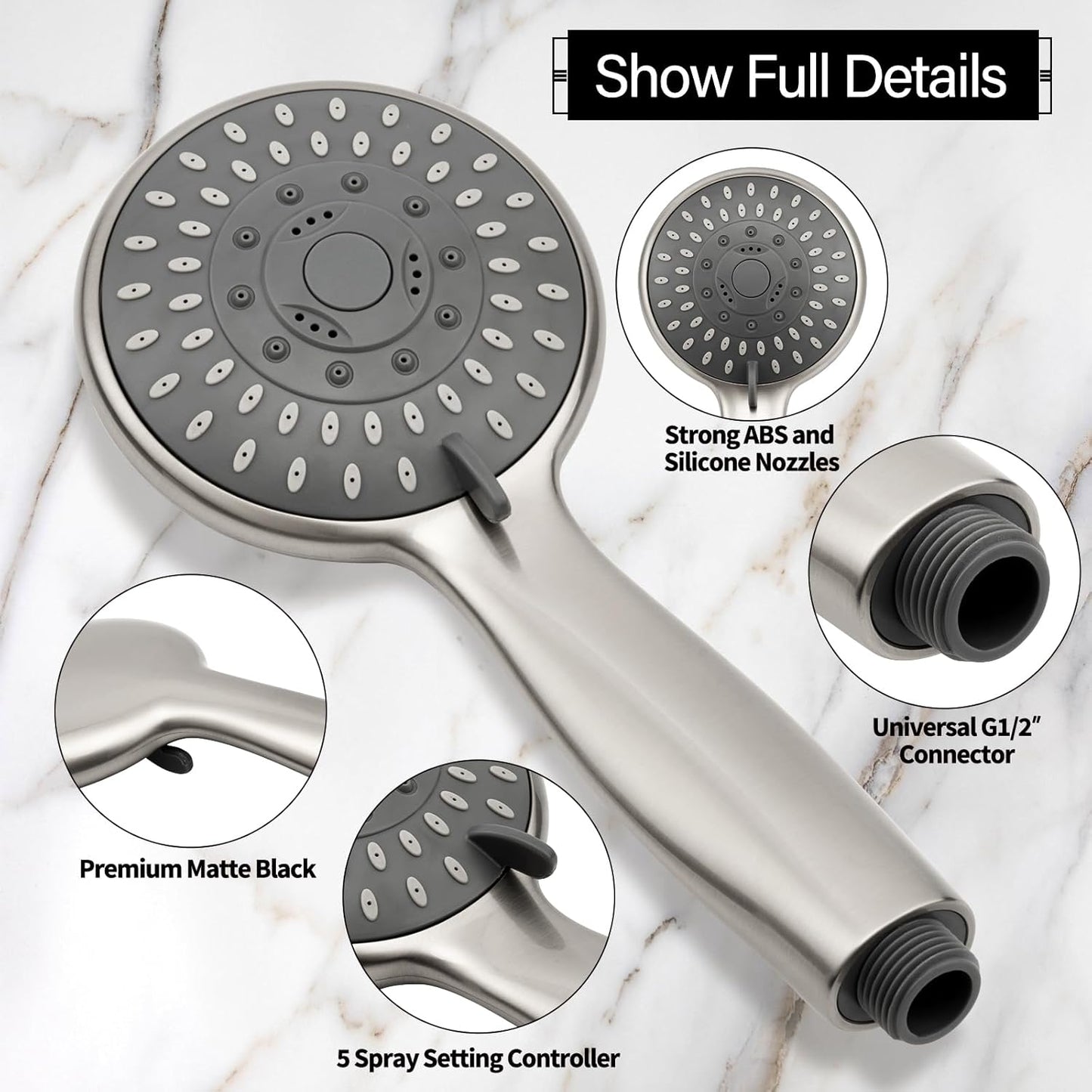 High-Pressure Handheld Shower Head with 5 Settings, 59-Inch Stainless Steel Hose and Bracket, Brushed Nickel Finish