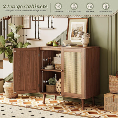 Walnut Buffet Cabinet with Synthetic Rattan Door Accents and Solid Wood Legs for Hallway, Entryway, and Living Room Storage