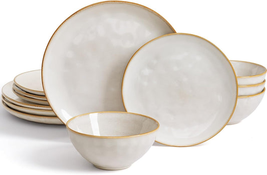 12-Piece Ocean Round Dinnerware Set for 4, Reactive Glaze, Microwave and Dishwasher Safe, Scratch Resistant, Cappuccino White