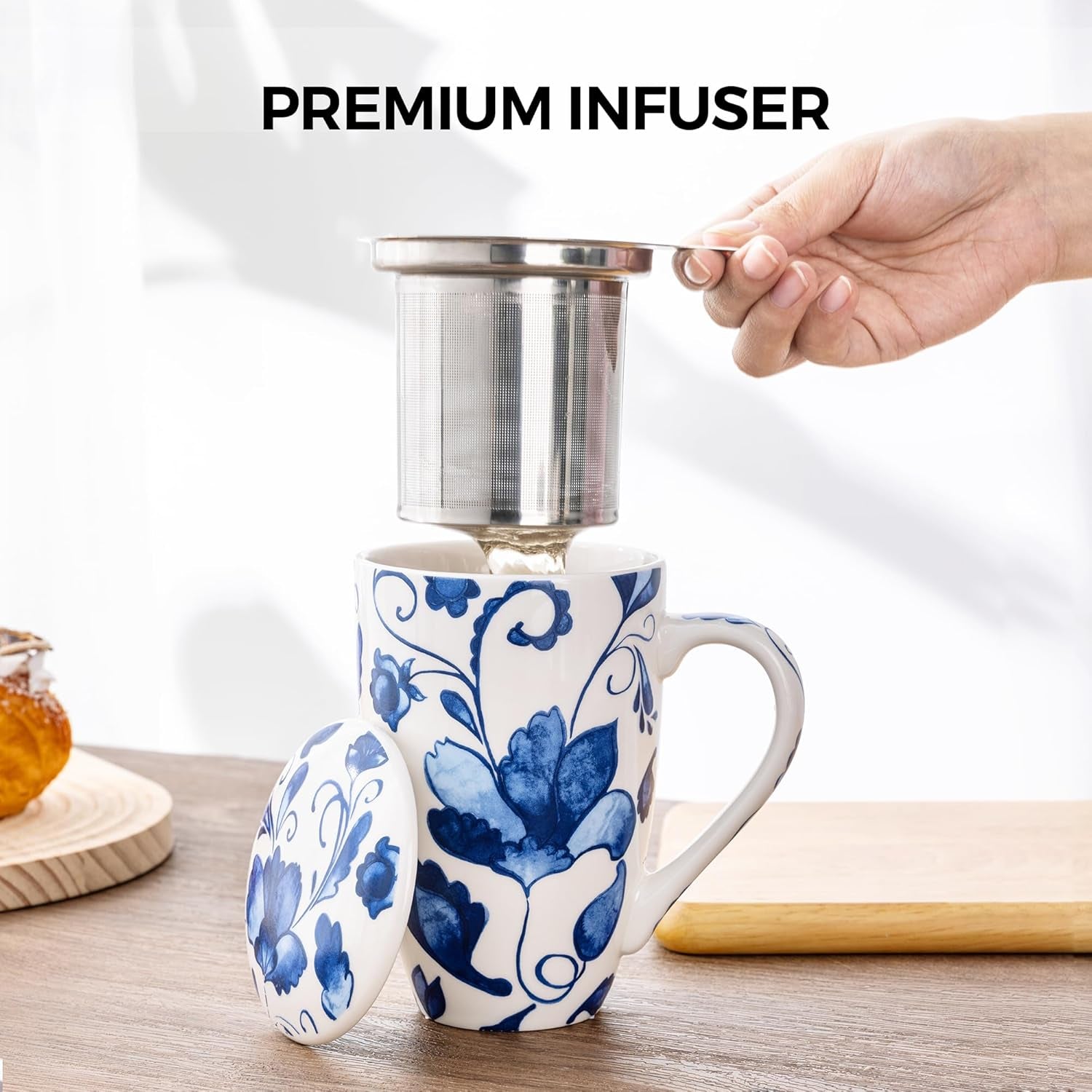 Ceramic Tea Mug with Infuser and Lid, 18 Ounce Capacity, Microwave and Dishwasher Safe, Ideal for Loose Leaf Tea Enthusiasts