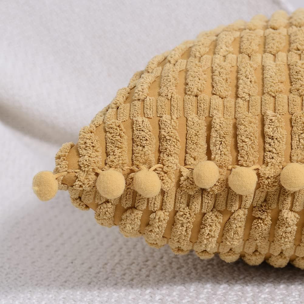 2 Packs Mustard Yellow Decorative Throw Pillow Covers 20X20 Inch with Pom-Poms for Couch Bed Living Room, Farmhouse Boho Home Decor, Soft Corduroy Cute Square Cushion Case 50X50 Cm