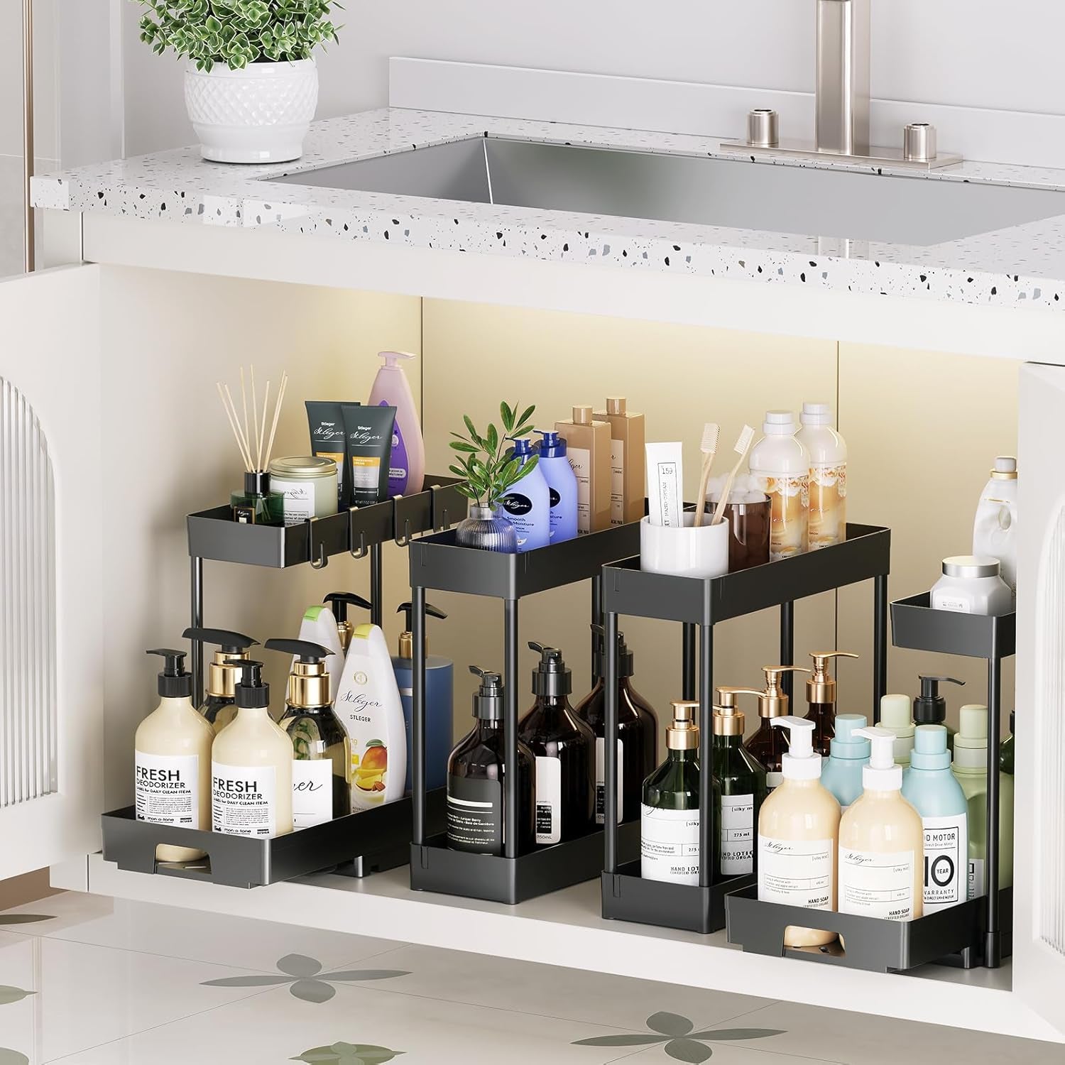 4 Pack under Sink Organizers and Storage, 2 Tier Pull Out Bathroom Cabinet Organizer, L-Shape Black under Kitchen Sink Organizer, under Counter Storage Organizer with Drawer