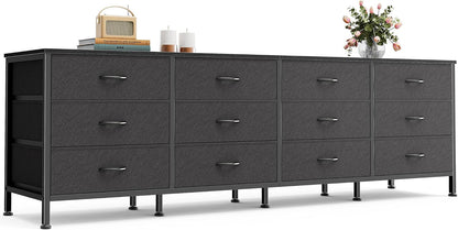 70-Inch Black Dresser and TV Stand for 65-80 Inch TVs with 12 Fabric Drawers - Wide Storage Chest for Bedroom and Living Room