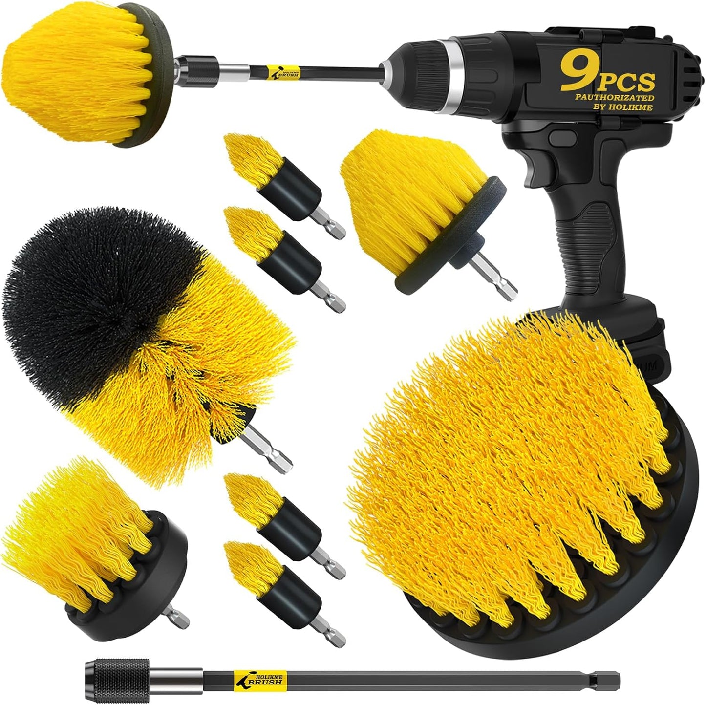 9Pack Drill Brush ，All Purpose Drill Brush with Extend Attachment for Bathroom Surfaces, Grout, Floor, Tub, Shower, Tile, Kitchen and Car，Corner,Masonry Brushes，Yellow