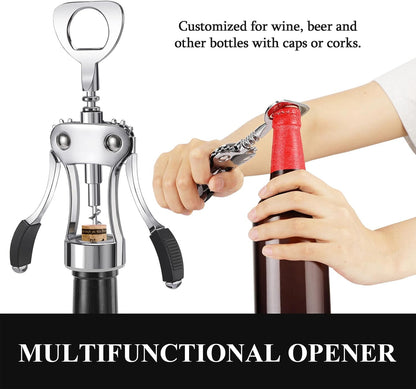 Wine Opener, Heavy-Duty Zinc Alloy Wing Corkscrew, Premium Beer Bottle Opener, Multifunctional Wine Accessories with Ergonomic Handle and Sharp Screw, for Kitchen, Bar, Restaurant, Bartenders