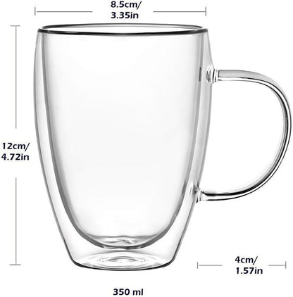 12 Oz Double Walled Glass Coffee Mugs with Handle, Insulated Layer Coffee Cups, Clear Borosilicate Glass Mugs - Gift for Cappuccino,Tea,Latte,Espresso,Hot Beverage,Cold Drinks, Set of 2