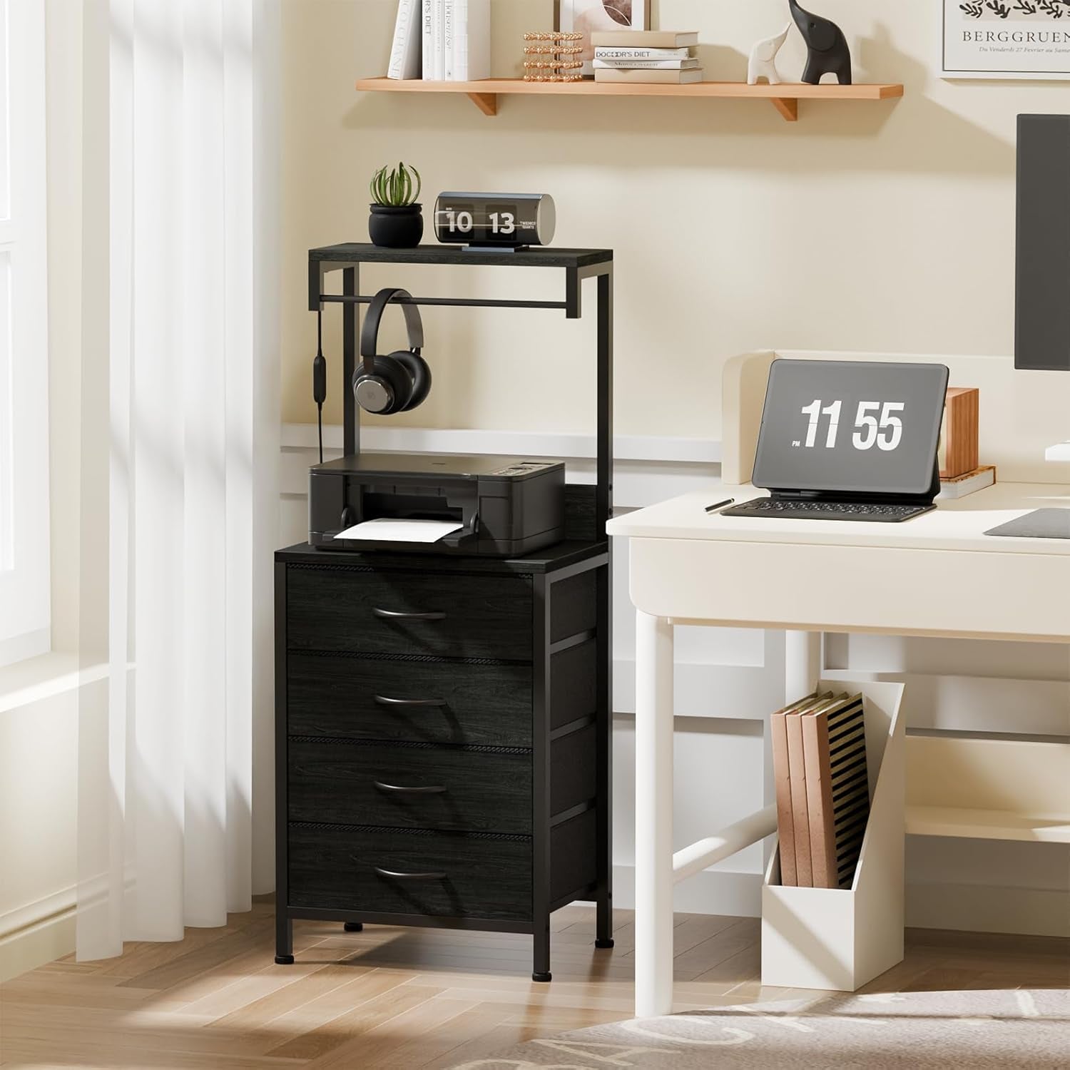 Elegant Tall Nightstand with Integrated Charging Station, LED Lighting, and Ample Storage Shelves, Versatile Bedside Table for Bedroom, Hallway, or Office, Featuring 4 Fabric Drawers in Black Oak Finish