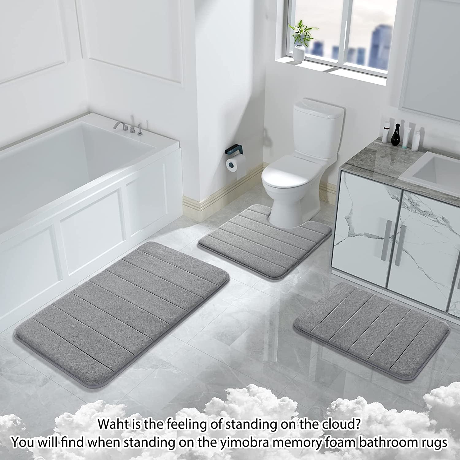 Memory Foam Bath Mat Set 3 Pieces- Super Soft Absorbent Quick Dry Bathroom Rug Sets, Machine Washable Non Slip Floor Carpet for Tub Shower, Vanity & Toilet Base, Gray