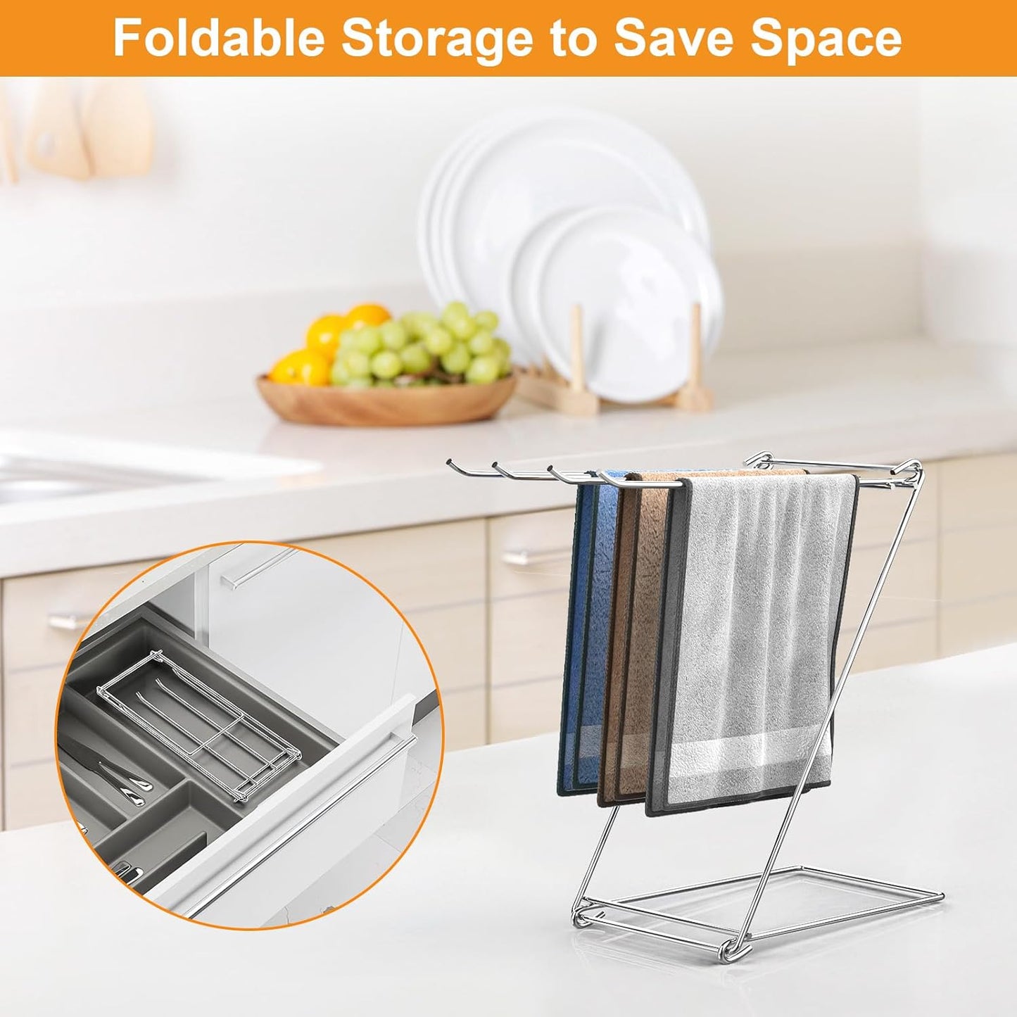 Kitchen Towel Holder Stand, 4-Arm Dish Towel Holder Countertop Towel Drying Rack for Bathroom, Free Standing Hand Towel Stand Washcloth Dish Cloth Drying Rack, Z-Shaped Folding Hanging Towel Bar Stand