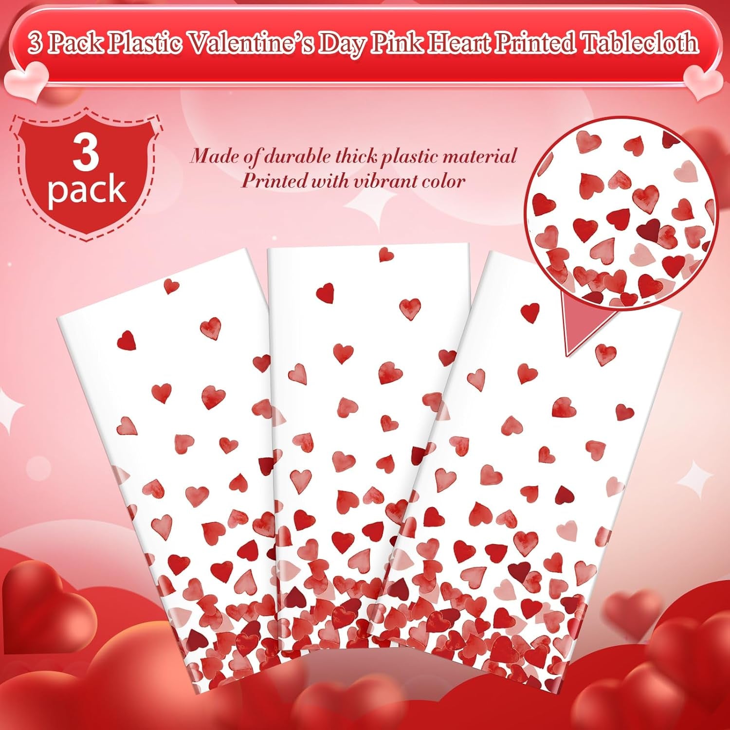 3 Pack 54 X 108In Valentines Tablecloth Disposable Plastic Love Heart Table Cloth Rectangle Table Cover for Galentines Day Wedding Engagement Valentine'S Party Decorations