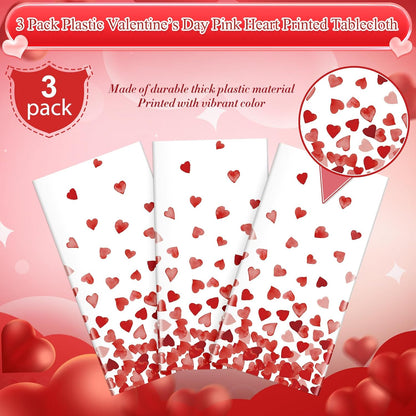 3 Pack 54 X 108In Valentines Tablecloth Disposable Plastic Love Heart Table Cloth Rectangle Table Cover for Galentines Day Wedding Engagement Valentine'S Party Decorations