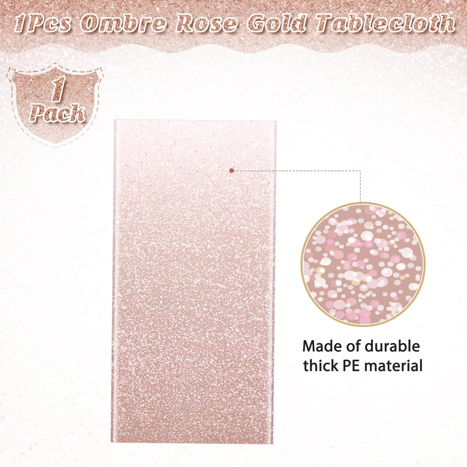 1 Pack Ombre Rose Gold Plastic Tablecloth for Parties, Gradient Pastel Rose Gold Disposable Tablecloths for Rectangle Tables, Light Pink Sprinkle Table Cover for Wedding Birthday Party, 54 X 108 Inch