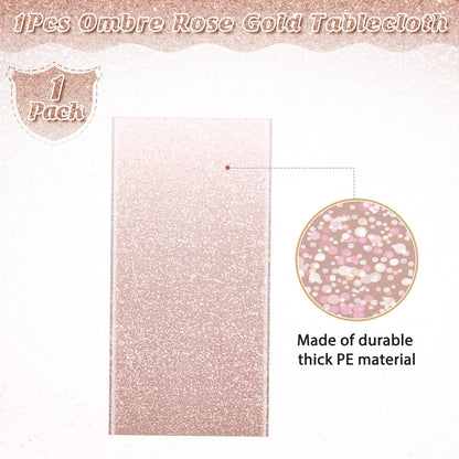 1 Pack Ombre Rose Gold Plastic Tablecloth for Parties, Gradient Pastel Rose Gold Disposable Tablecloths for Rectangle Tables, Light Pink Sprinkle Table Cover for Wedding Birthday Party, 54 X 108 Inch