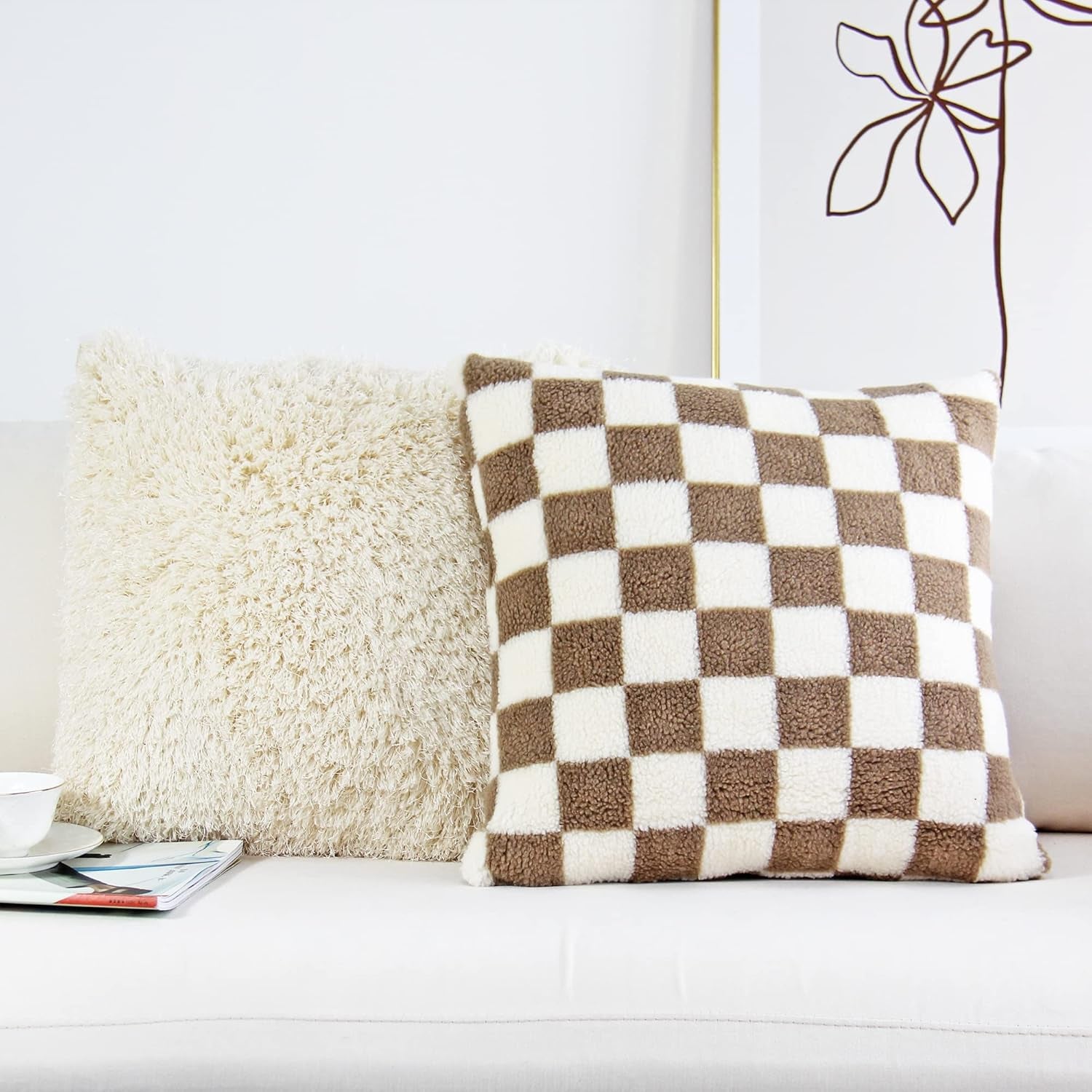 Decorative Throw Pillow Covers Luxury Style Checkerboard Pattern Cushion Case Super Soft Faux Fur Wool Pillowcases for Couch Bedroom Pack of 2 (Khaki, 18 X 18-Inch)