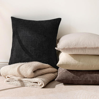 Set of 2 Chenille Decorative Throw Pillow Covers - Soft Textured Cushion Covers in Solid Black for Couch, Sofa, and Bedroom, 20x20 Inches