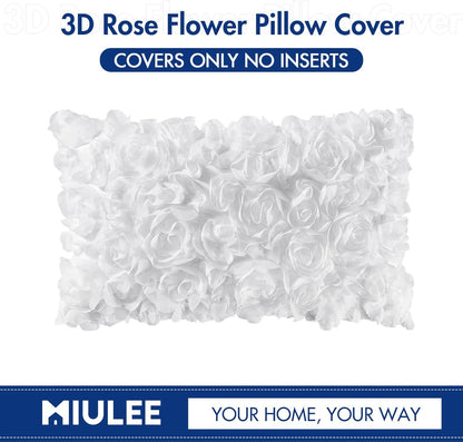 3D Decorative Romantic Valentines Stereo Chiffon Rose Flower Throw Pillow Cover Solid Pillowcase for Girl Women Wedding Sofa Bedroom Car Decor 12X20 Inch 30X50Cm White