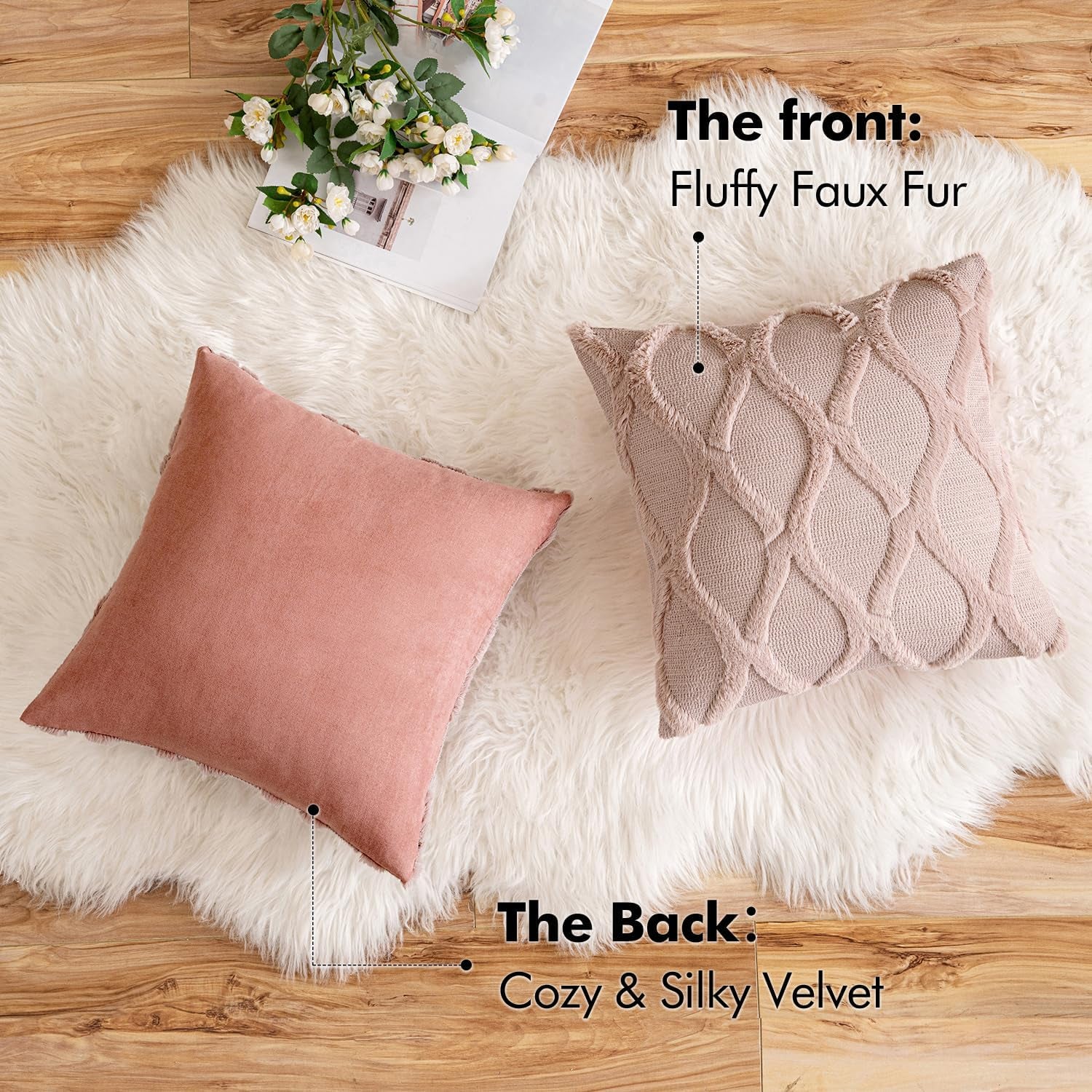 Spring Decorative Throw Pillow Covers Blush Pink 18X18 Inch Set of 2, Soft Plush Faux Wool Couch Cushion Covers Farmhouse Throw Pillows for Couch Bed Sofa Living Room