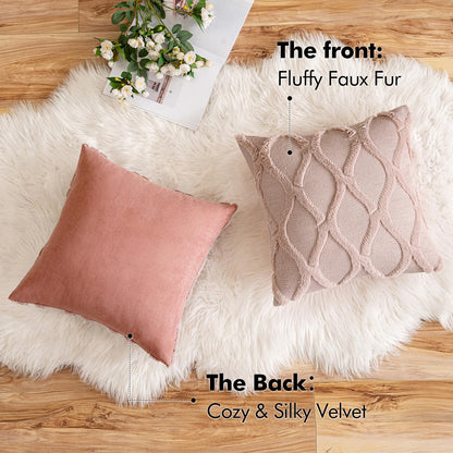 Spring Decorative Throw Pillow Covers Blush Pink 18X18 Inch Set of 2, Soft Plush Faux Wool Couch Cushion Covers Farmhouse Throw Pillows for Couch Bed Sofa Living Room