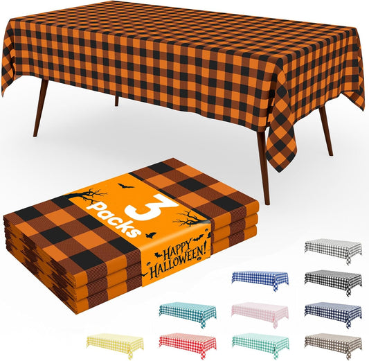 3 Packs Gingham Disposable Table Cloth, 54 X 108 Inch Waterproof Plastic Tablecloth, Rectangle Black and Orange Checkered Table Covers for Picnic, Birthday, Party