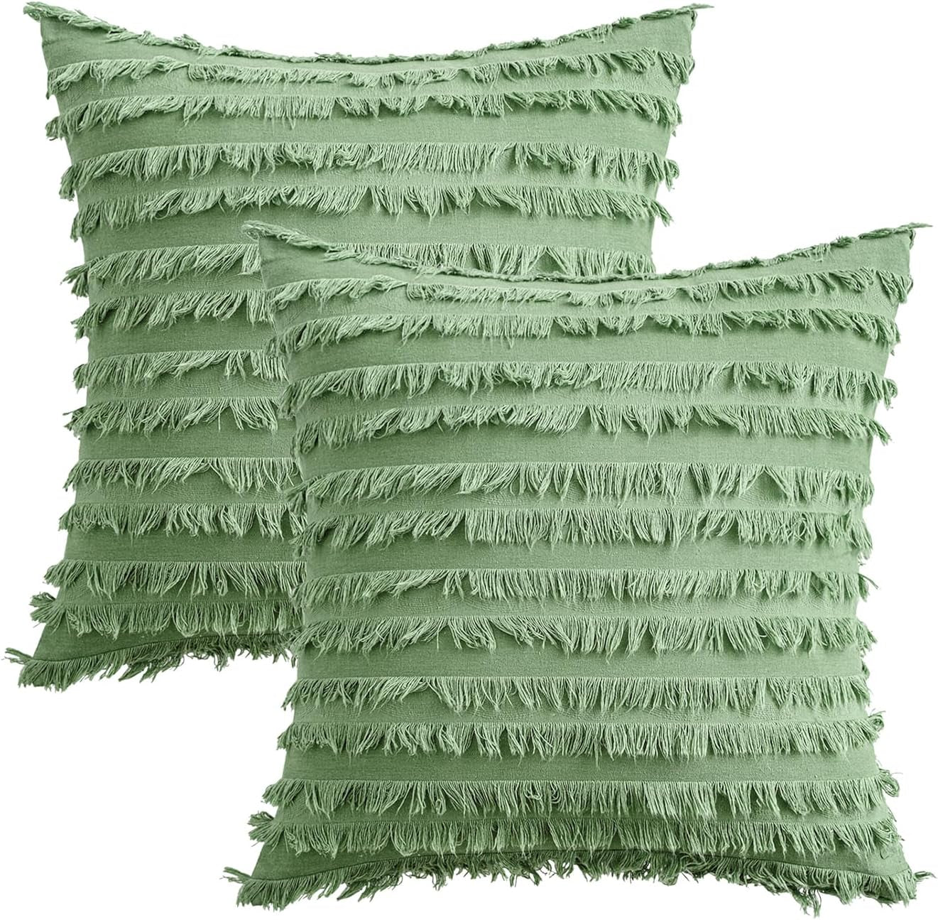 Set of 2 Decorative Boho Throw Pillow Covers Linen Striped Jacquard Pattern Cushion Covers for Spring Sofa Couch Living Room Bedroom 18X18 Inch Grass Green