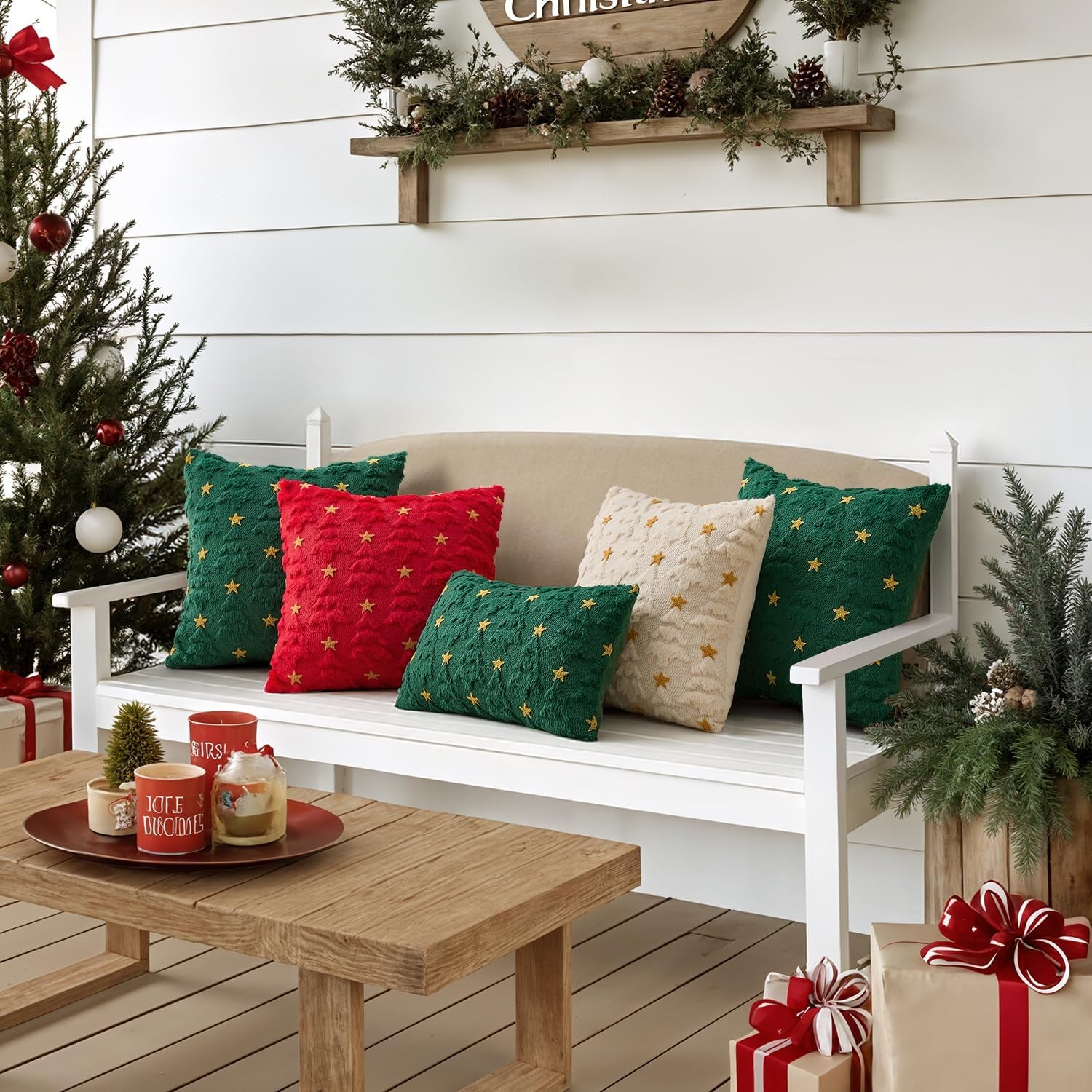 Christmas Pillow Covers 18X18 Inch Set of 2, Red Christmas Tree Plush Faux Fur Pillowcases Soft Decorative Throw Pillow Cases for Couch Sofa Living Room Winter Xmas Holiday Home Decor