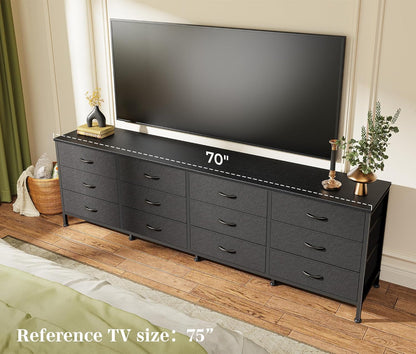 70-Inch Black Dresser and TV Stand for 65-80 Inch TVs with 12 Fabric Drawers - Wide Storage Chest for Bedroom and Living Room
