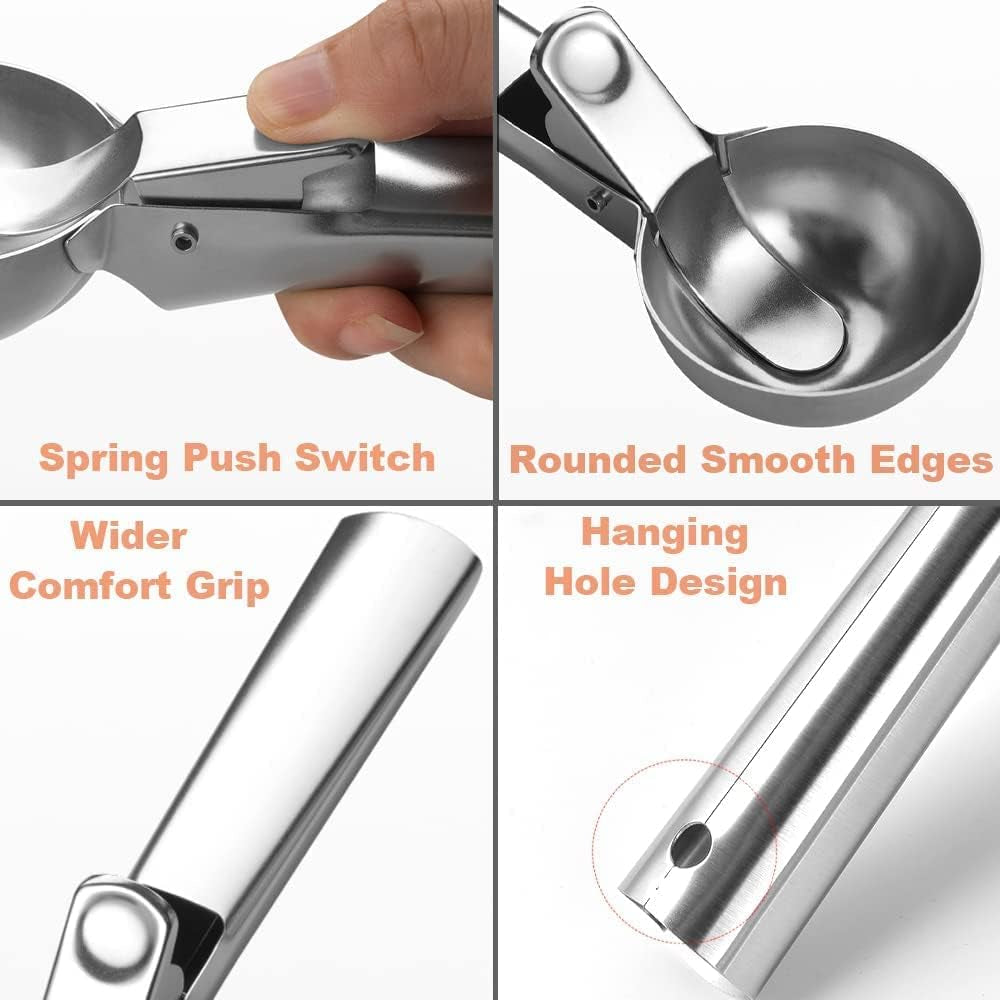 Ice Cream Scoop Set,Portable Stainless Steel Ice Cream Scoop with Trigger and Comfortable Handle,Icecream Scoop Spoon Perfect for DIY Ice Cream,Fruit,Cookie,Dishwasher Safe(2 Pieces)