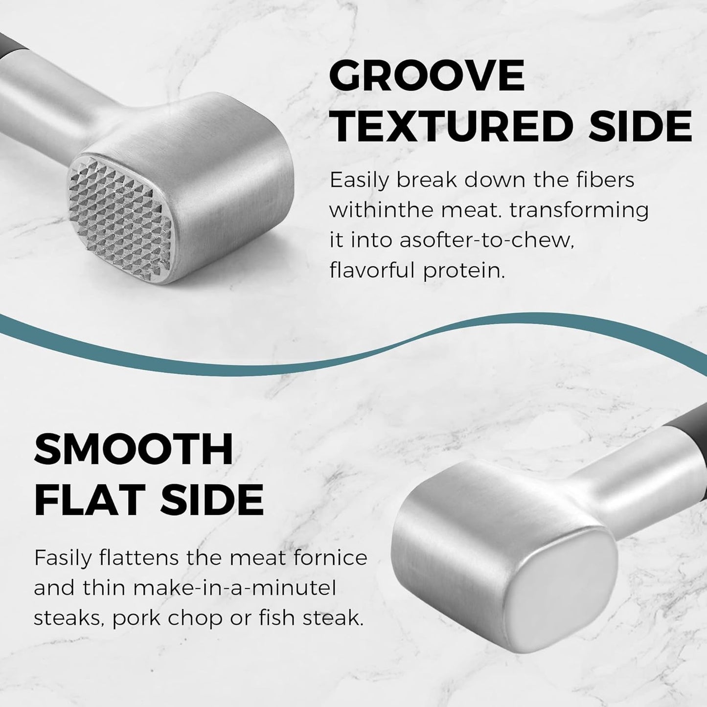 Meat Tenderizer Hammer with Comfortable-Grip Rubber Handle, Dual-Side Meat Mallet for Kitchen, Heavy Duty Meat Pounder Hammer for Tenderizing Steak, Beef and Fish - Black