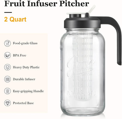 Heavy Duty Mason Jar Fruit Infuser Water Pitcher, Leak-Proof Glass Pitcher with Filter Lid, Wide Mouth Glass Jar - 2 Quart